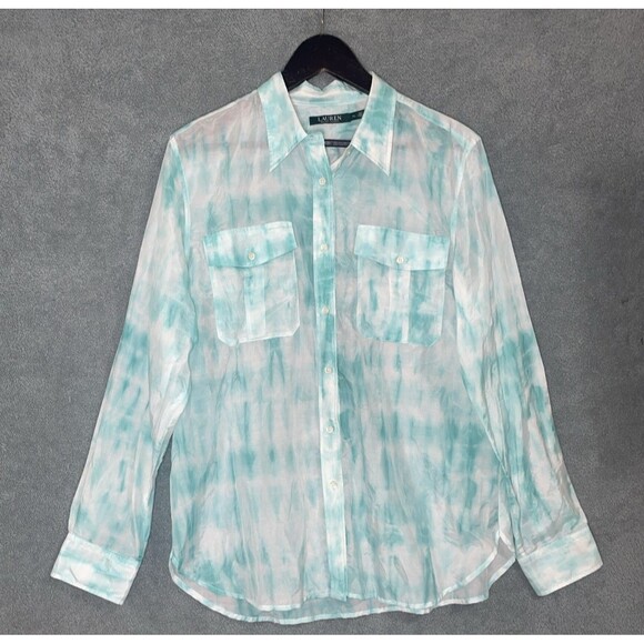 Ralph Lauren Shirt Womens XL Blue Button Up Silk Blend Tie Dye Coastal Resort - Picture 1 of 9